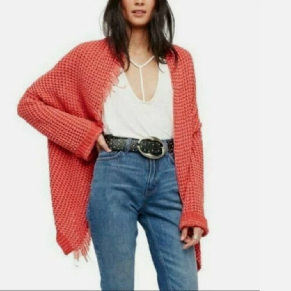 Free People Cardigan Women's S Red Coral I'll Be Around Oversized Fringe Boho